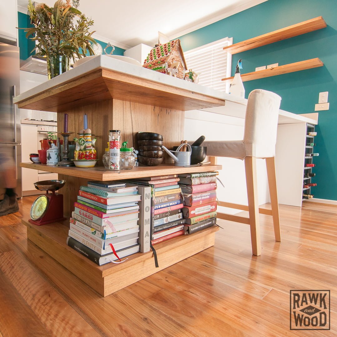 recycled-timber-kitchen-island-shelving, made in Melbourne by Rawk and Wood