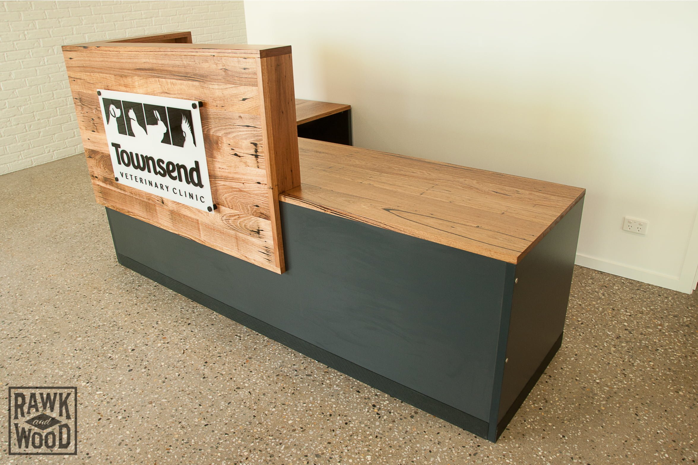 recycled-timber-reception-desk, made in Melbourne by Rawk and Wood